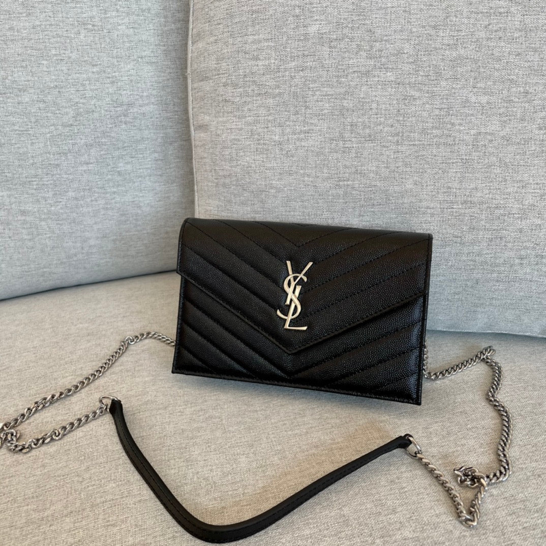 YSL Cassandre Envelope Chain Wallet Black Grain Leather 19x11.5x4 cm