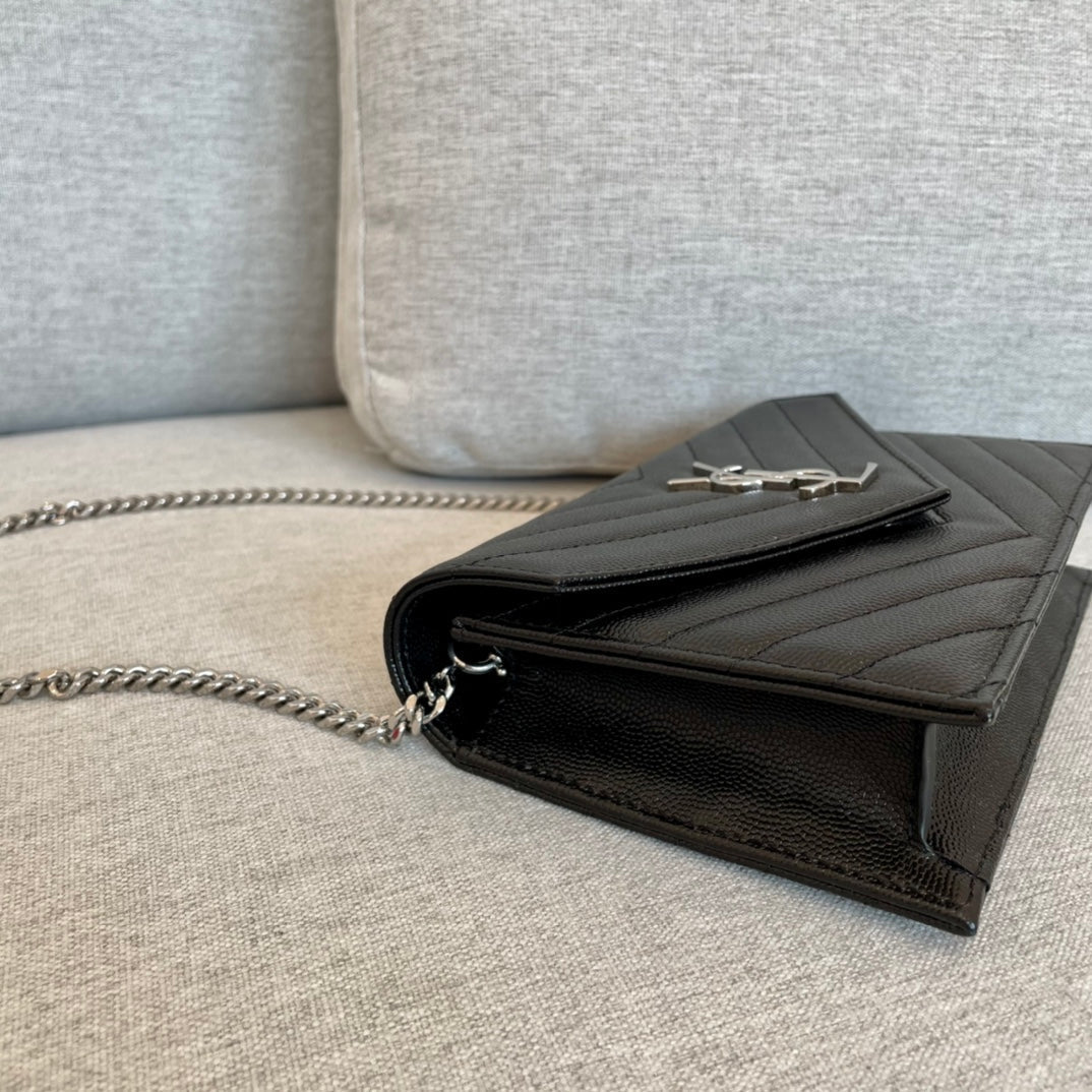 YSL Cassandre Envelope Chain Wallet Black Grain Leather 19x11.5x4 cm